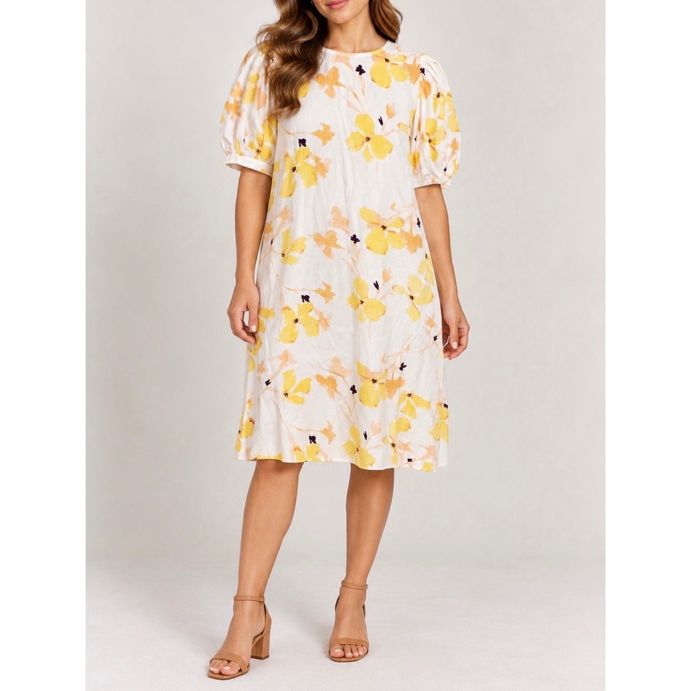 A New Day Yellow White Floral Puff Sleeve Cotton Shift Dress Large
